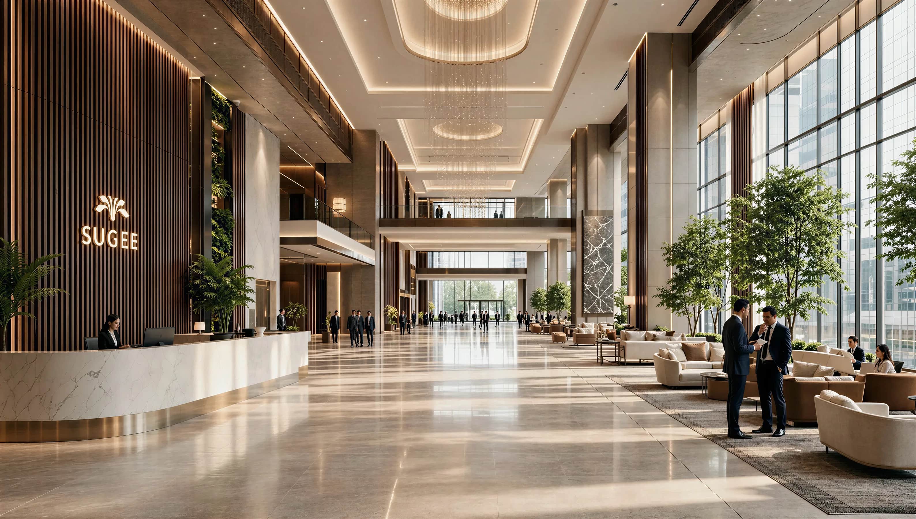 The lobby interior, with a stone reception desk on the left, seating and planting on the right, and full height glazing along the far wall.