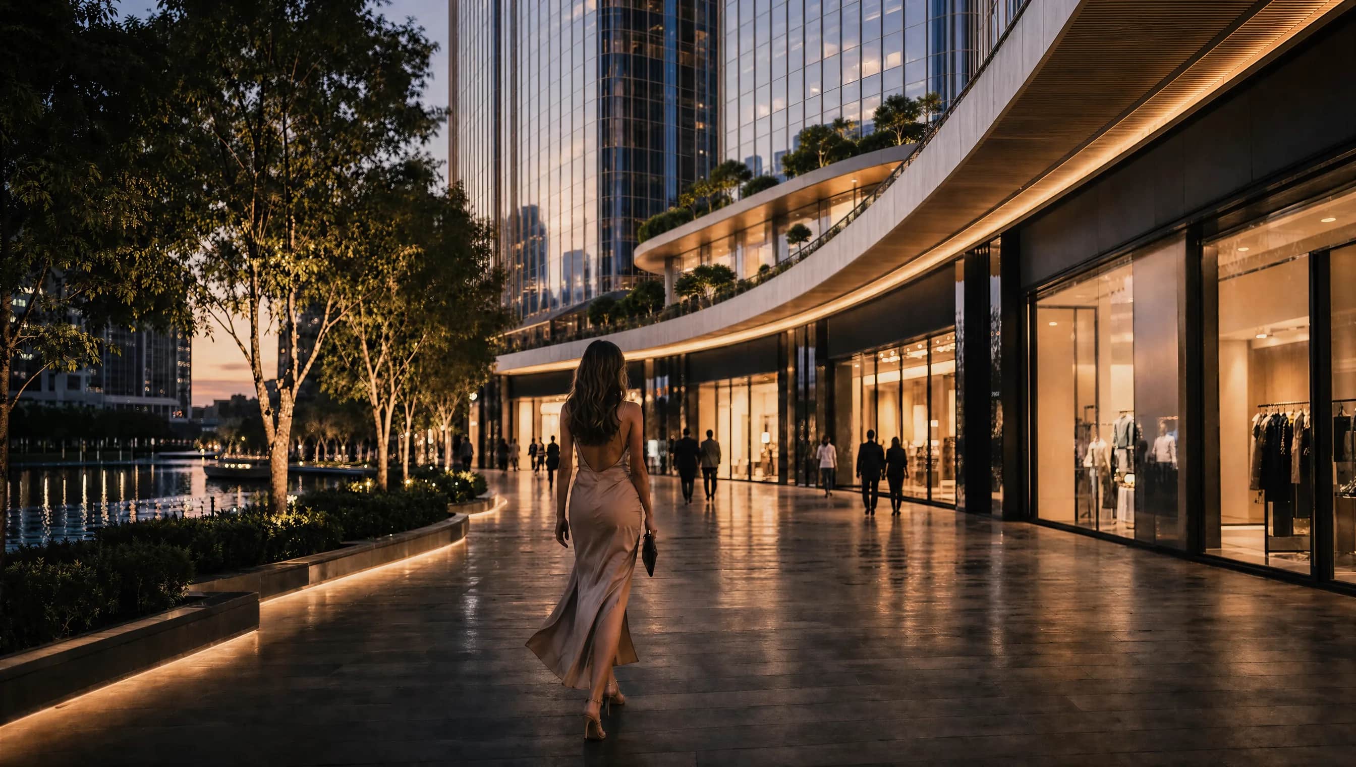 A lit shopping arcade at dusk. Glazed storefronts run along the right, the water and planting are on the left, and people are walking the promenade.