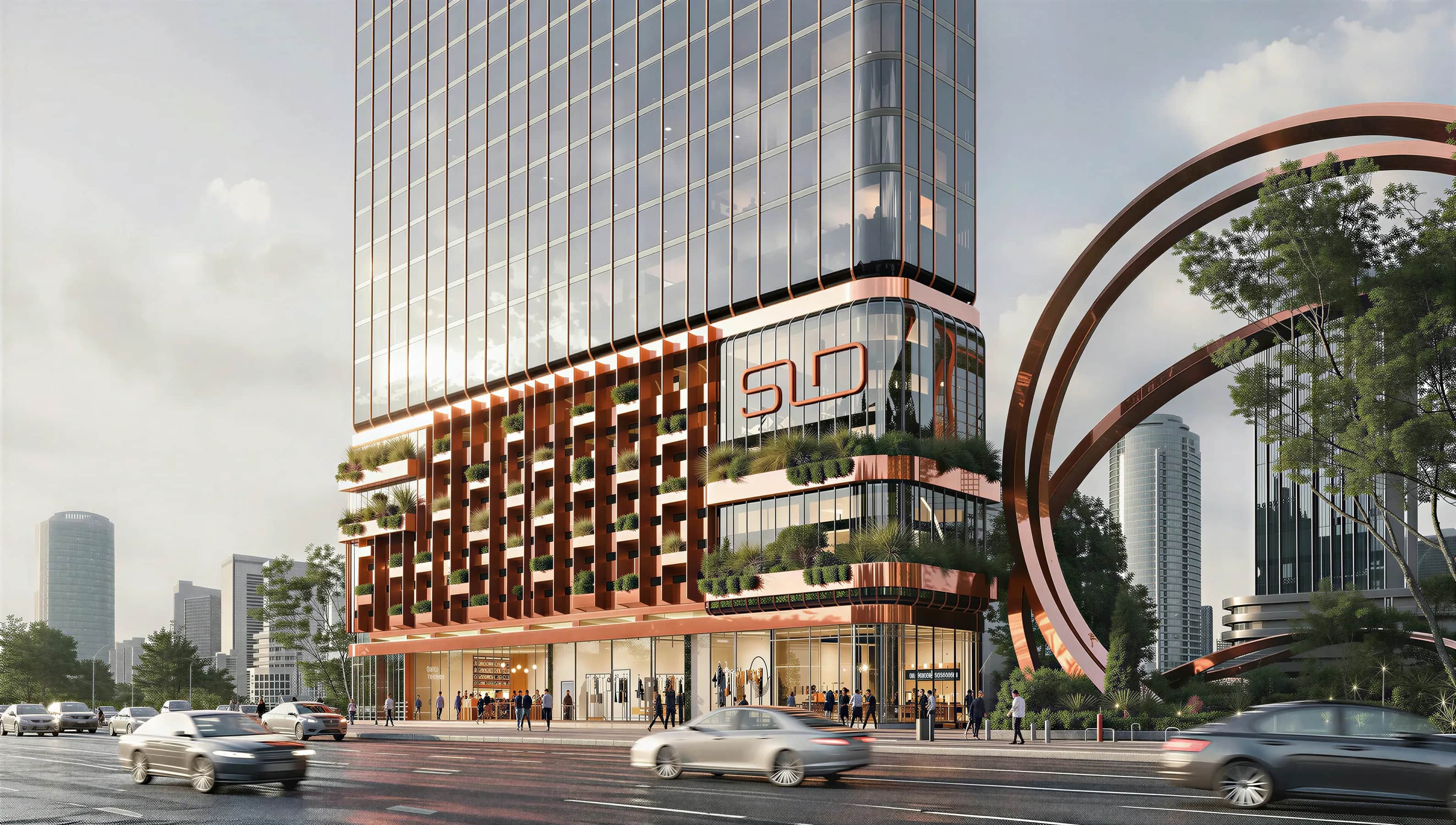 The podium seen from the street, with the SLD monogram on the facade above planted terraces, and shopfronts along the pavement below.